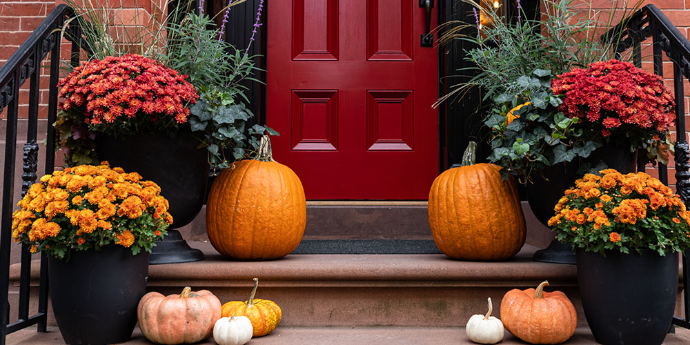 Pine Hills Nursery-Mississippi- Fun Ways to Decorate with Pumpkins-pumpkins and flowers front porch